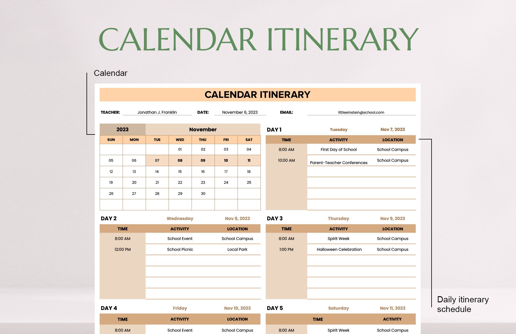 Calendar Itinerary Template