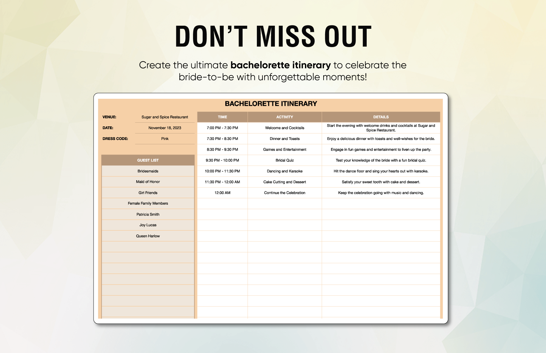 Bachelorette Itinerary Template