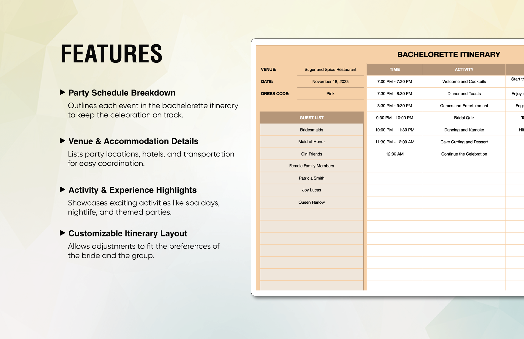 Bachelorette Itinerary Template