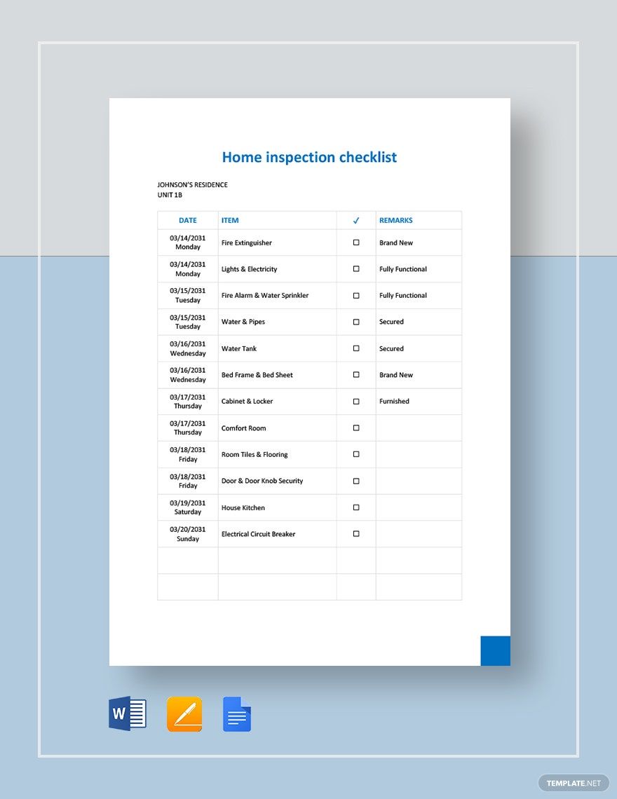 Home Inspection Checklist Form Template