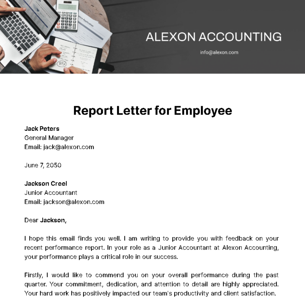 Report Letter for Employee  Template