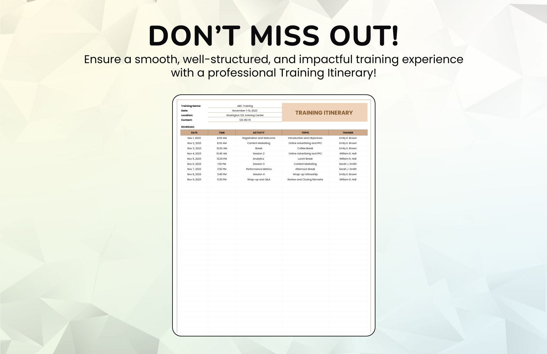 Training Itinerary Template