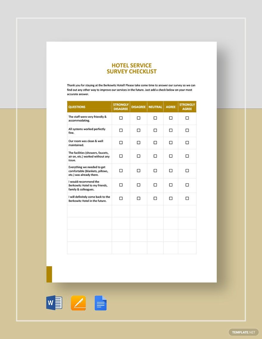 Hotel Housekeeping Checklist Template Google Docs, Word, Apple Pages