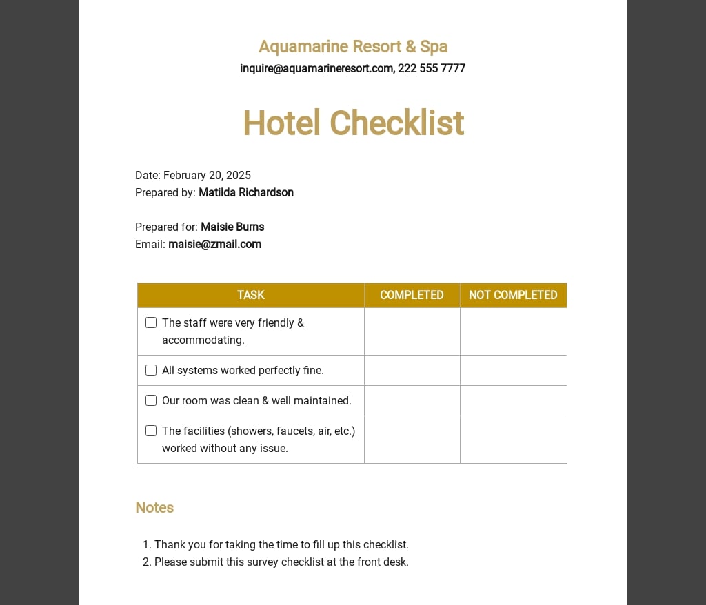 72+ Hotel Checklist Templates - Free Downloads | Template.net