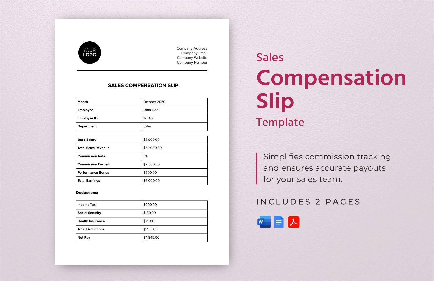 Sales Compensation Slip Template in Word, Google Docs, PDF