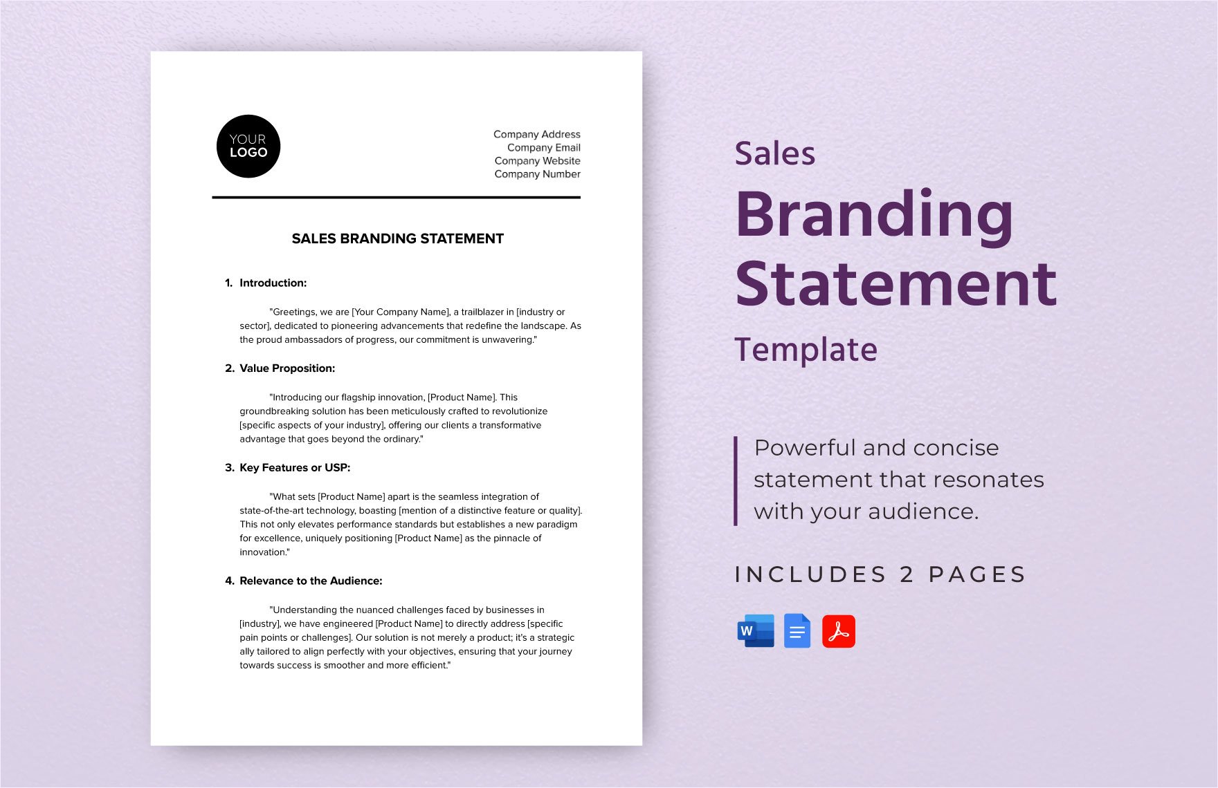 Sales Branding Statement Template in Word, Google Docs, PDF