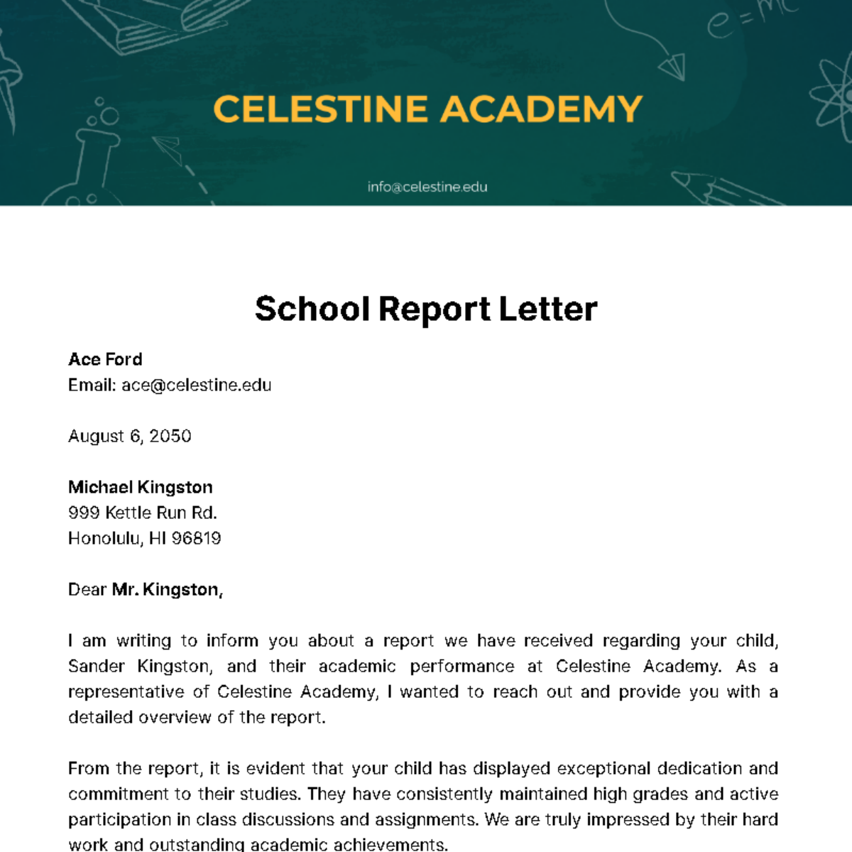 School Report Letter  Template