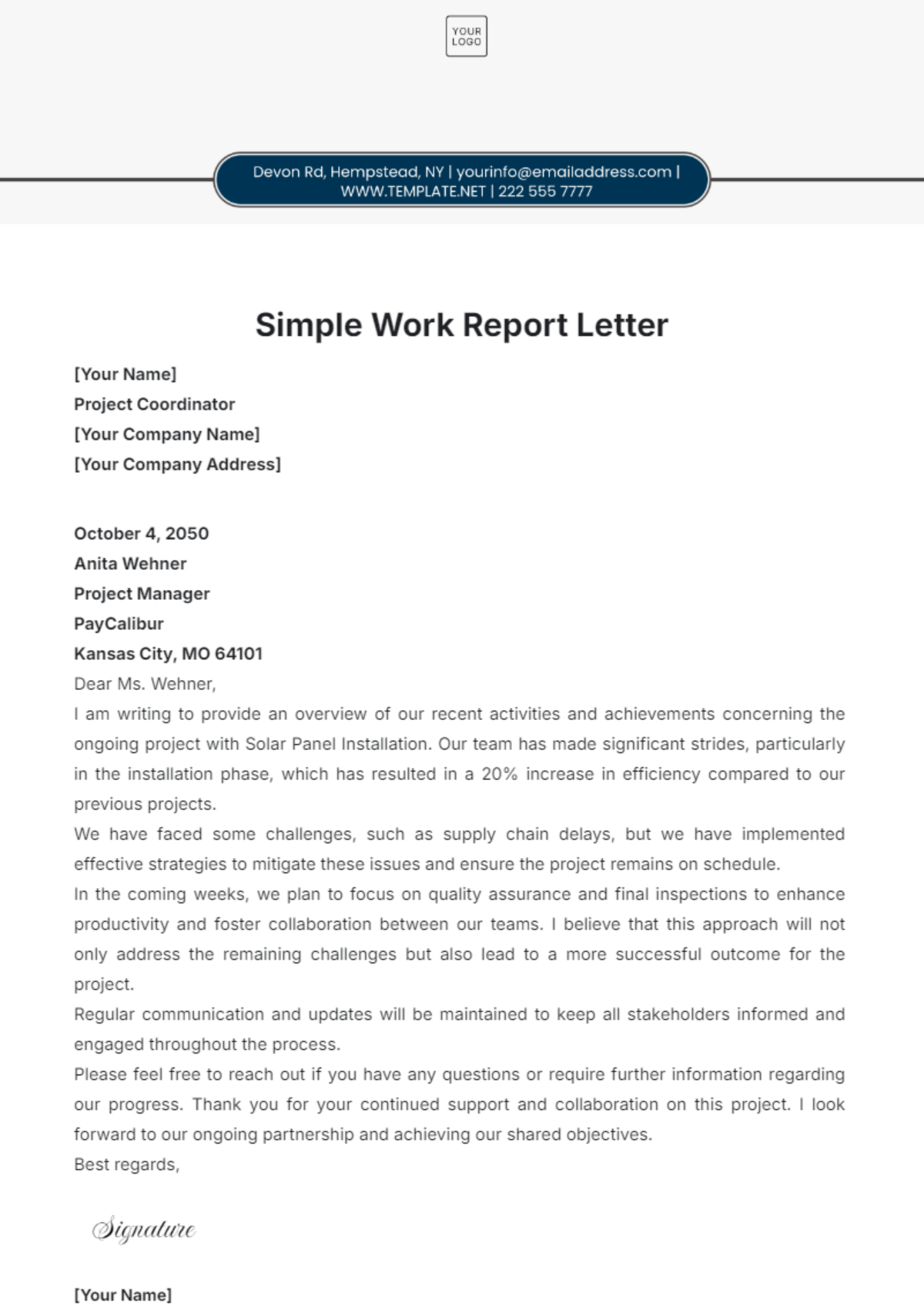 Simple Work Report Letter Template - Edit Online & Download