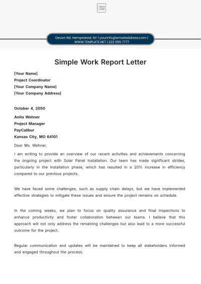 Free Simple Work Report Letter Template to Edit Online