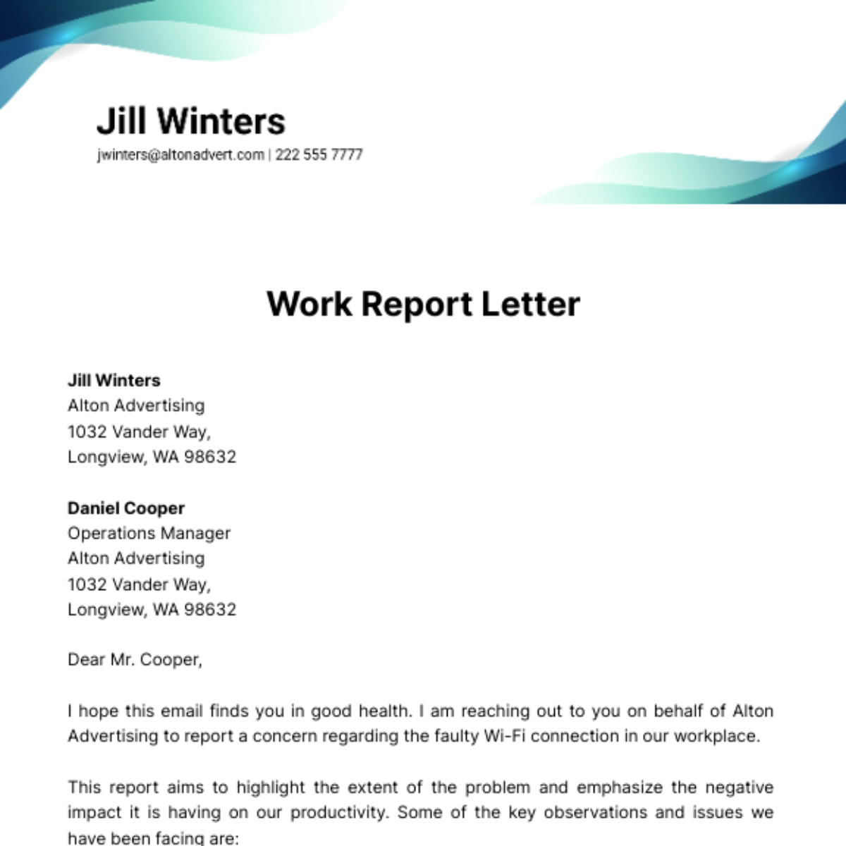 Work Report Letter  Template
