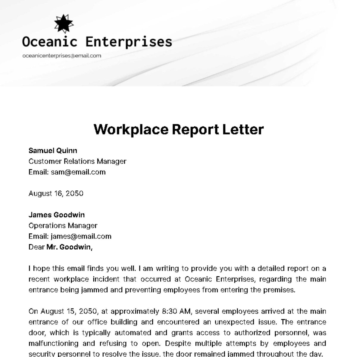 Workplace Report Letter  Template