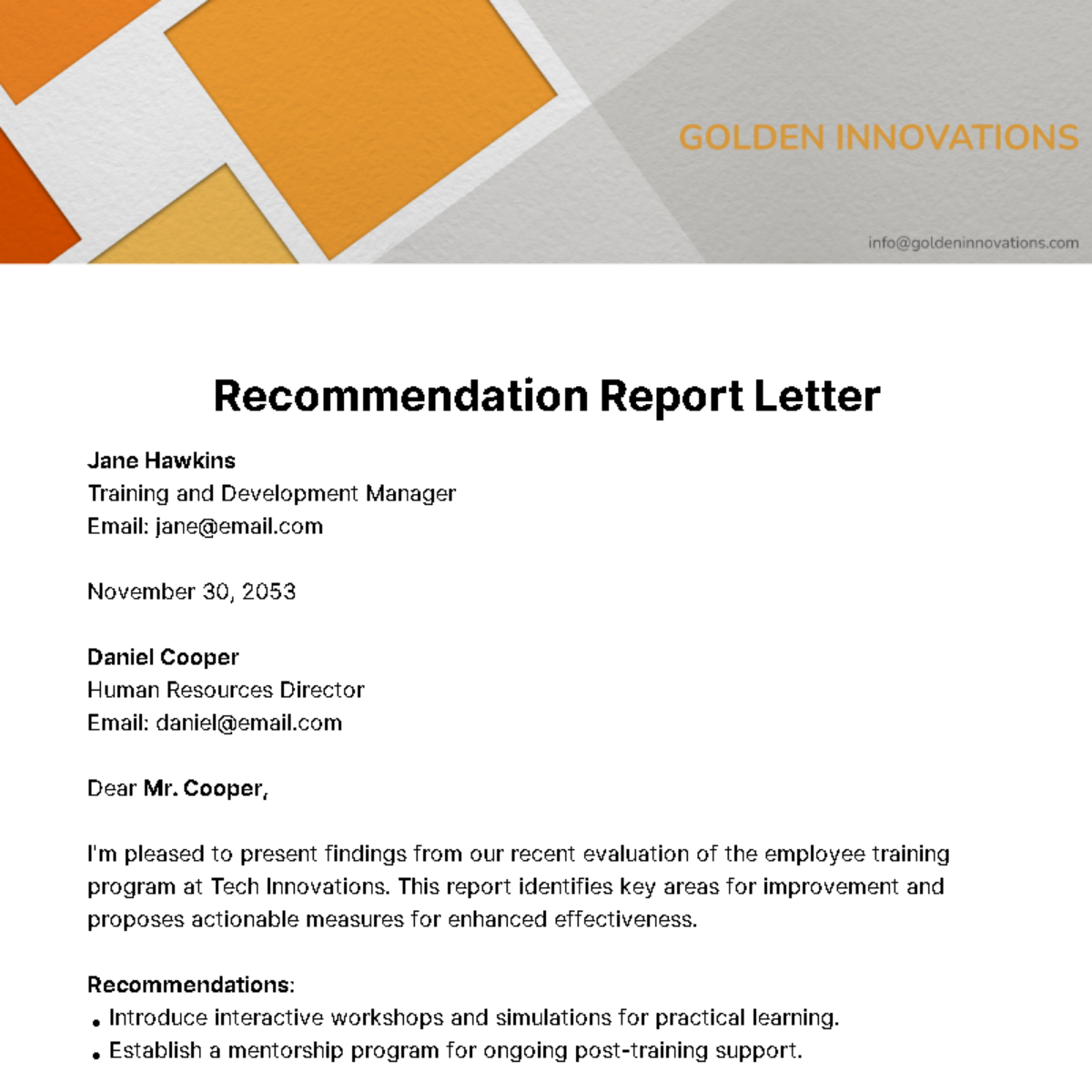 Recommendation Report Letter Template