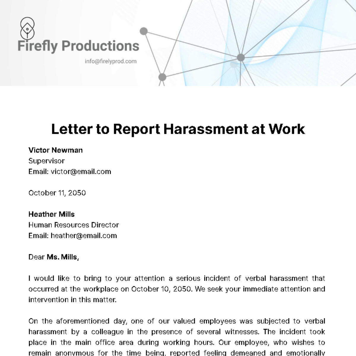 Letter to Report Harassment at Work  Template