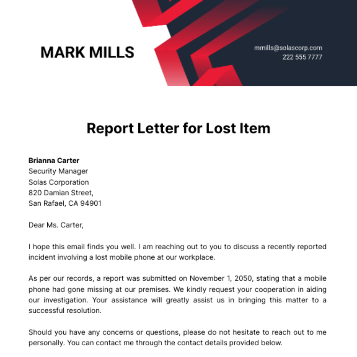 Report Letter for Lost Item  Template