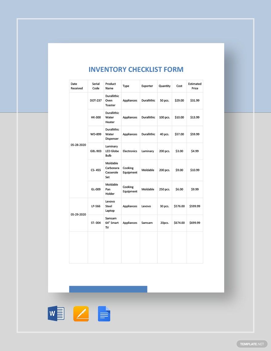 Inventory Checklist Form Template