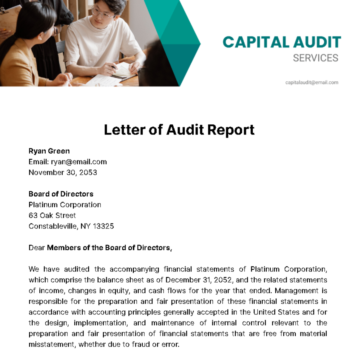Letter of Audit Report  Template