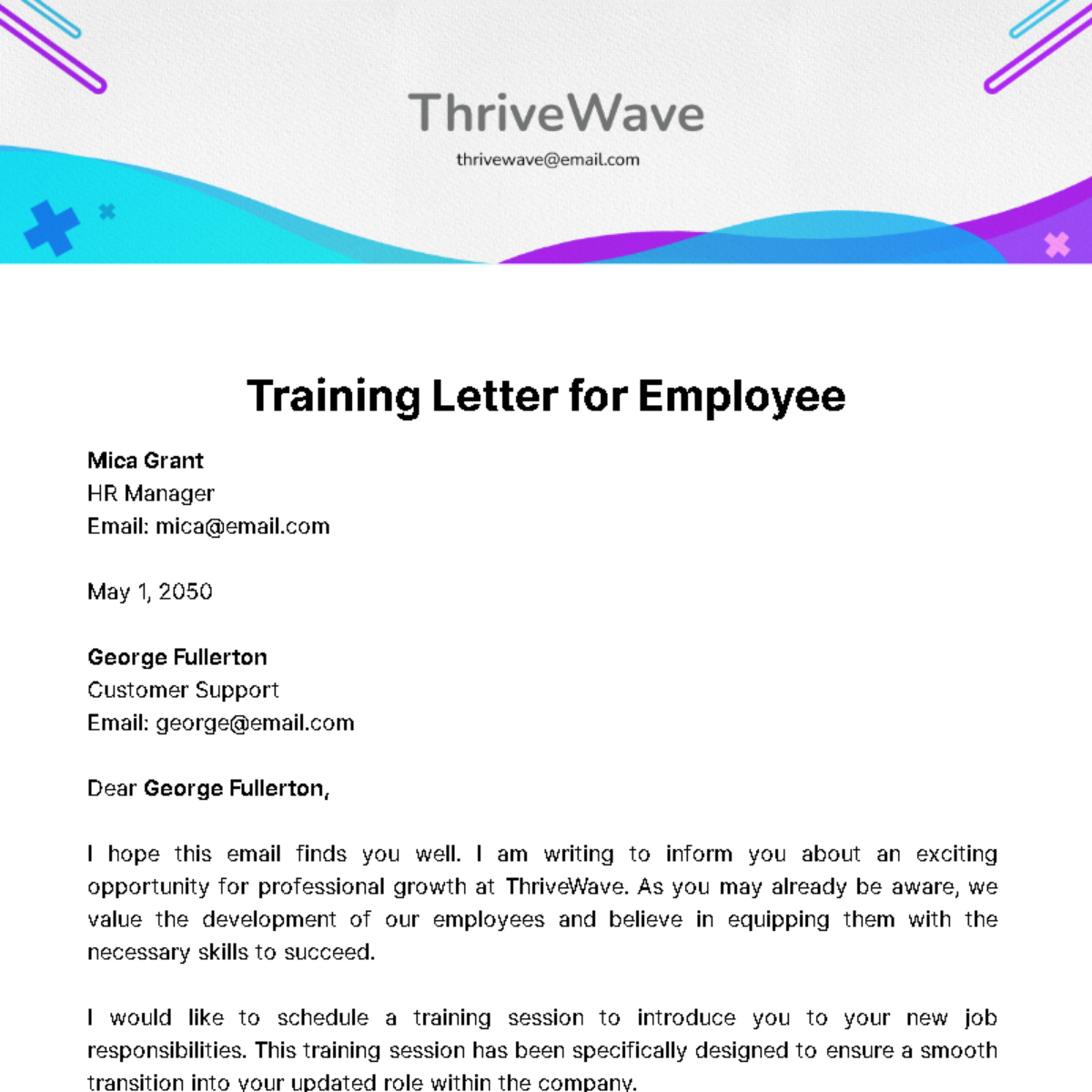 Free Training Letter for Employee  Template