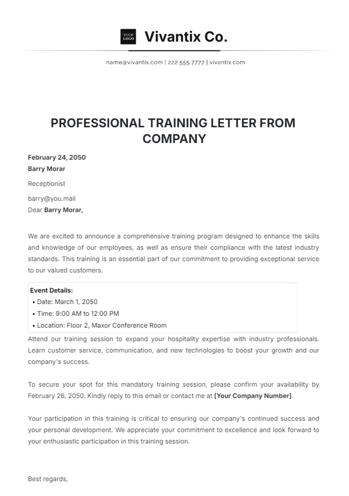 Professional Training Letter from Company Template