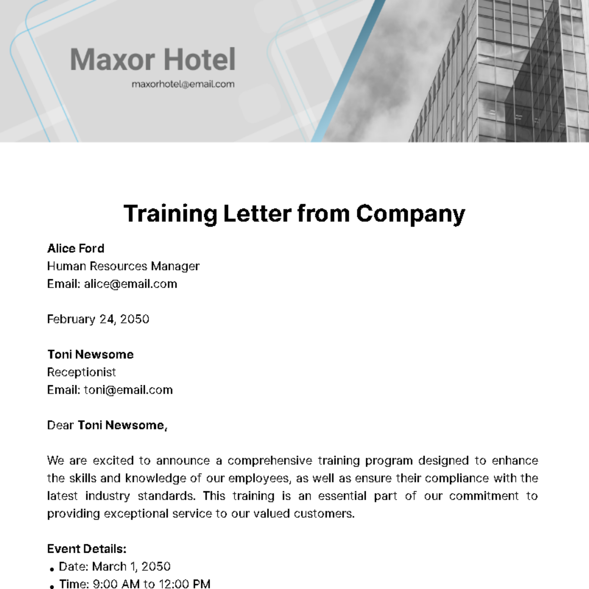 Training Letter from Company  Template