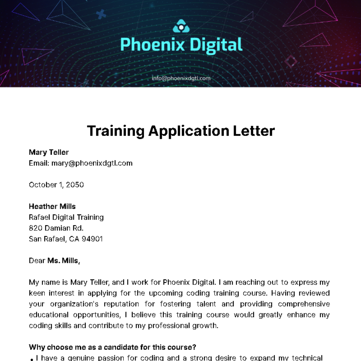 Free Training Application Letter  Template