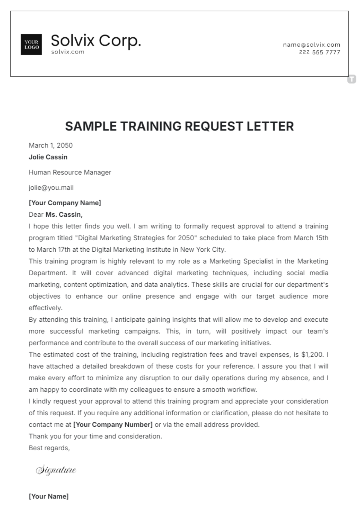 Sample Training Request Letter Template