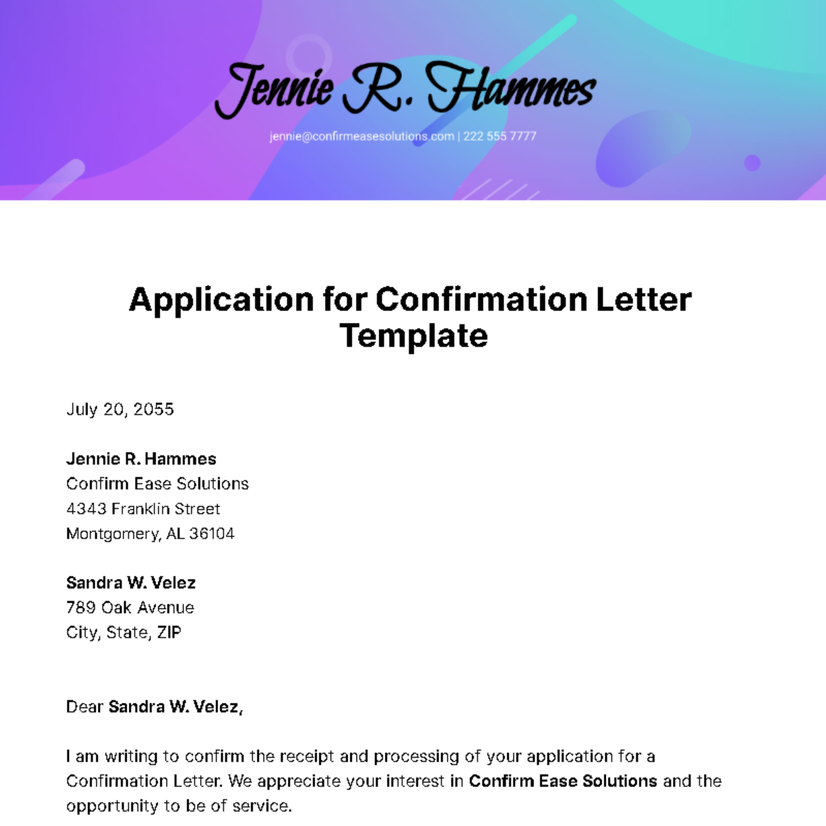 Free Application for Confirmation Letter Template