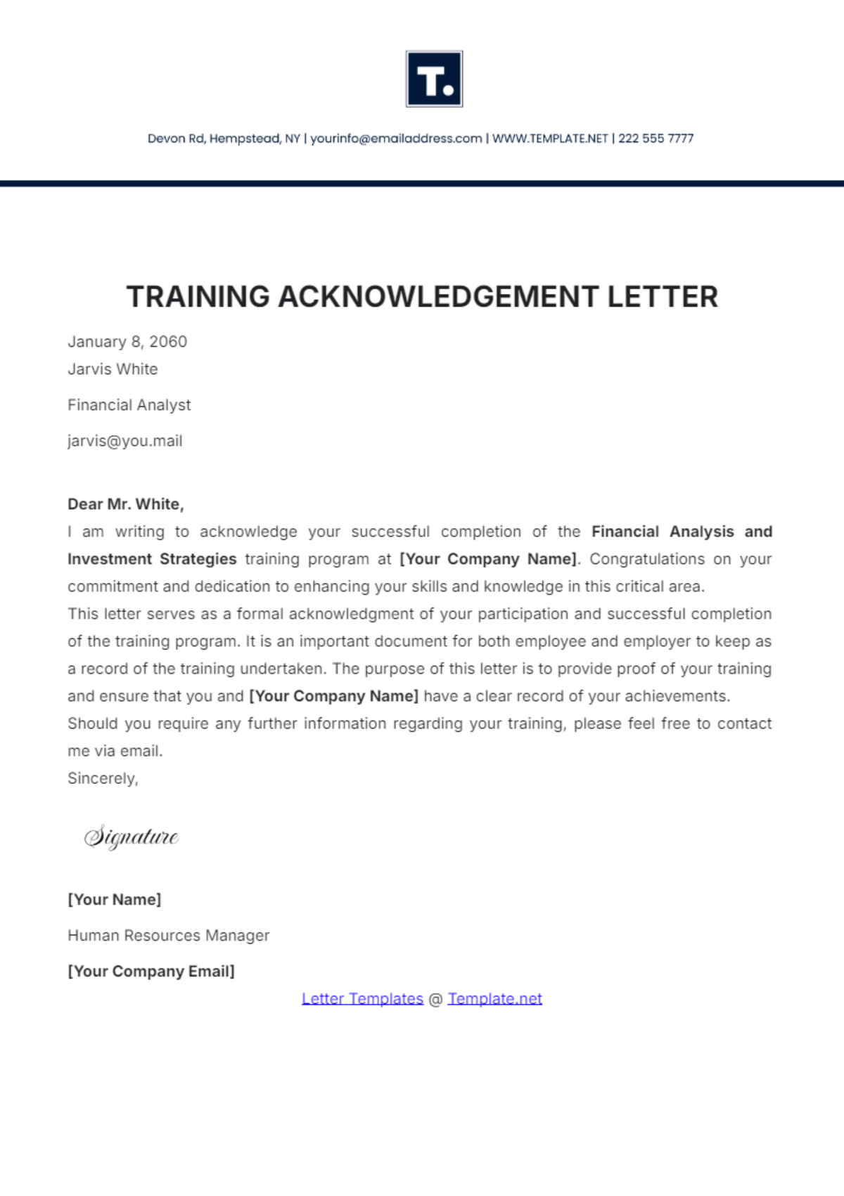 Training Acknowledgement Letter Template - Edit Online & Download