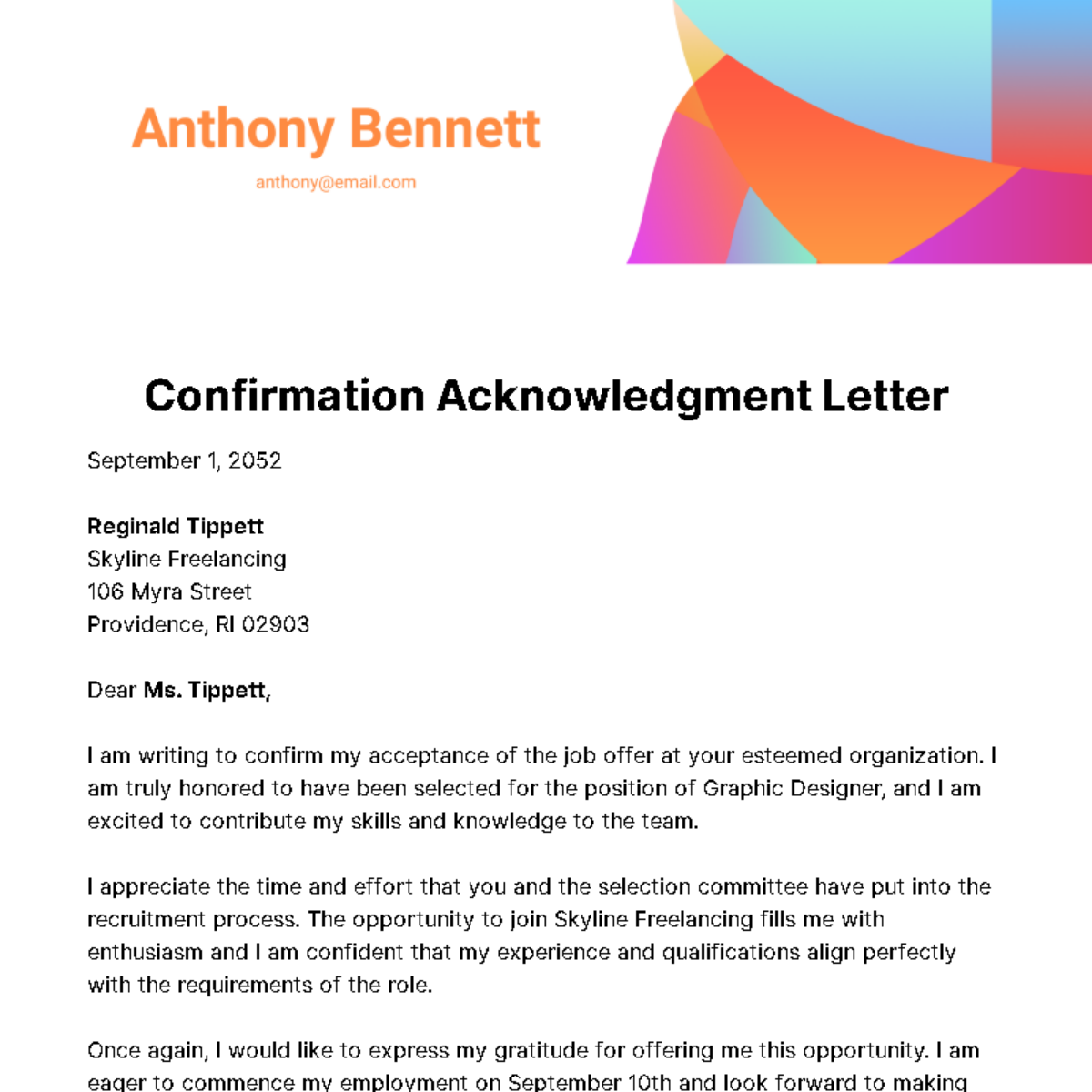 Free Confirmation Acknowledgement Letter Template