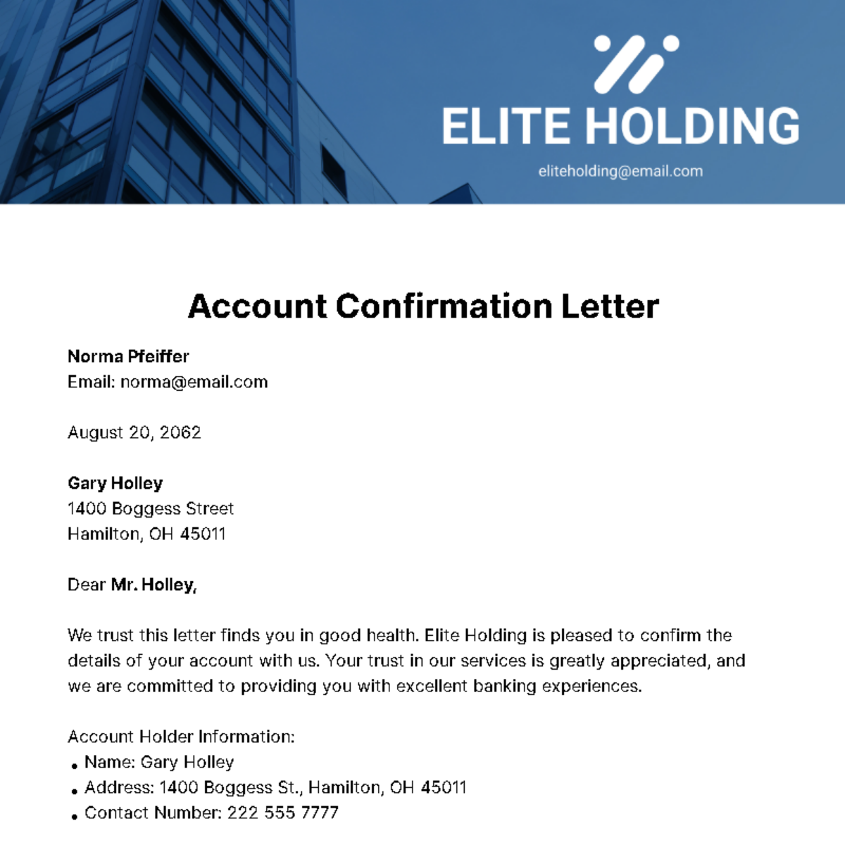 Free Account Confirmation Letter Template