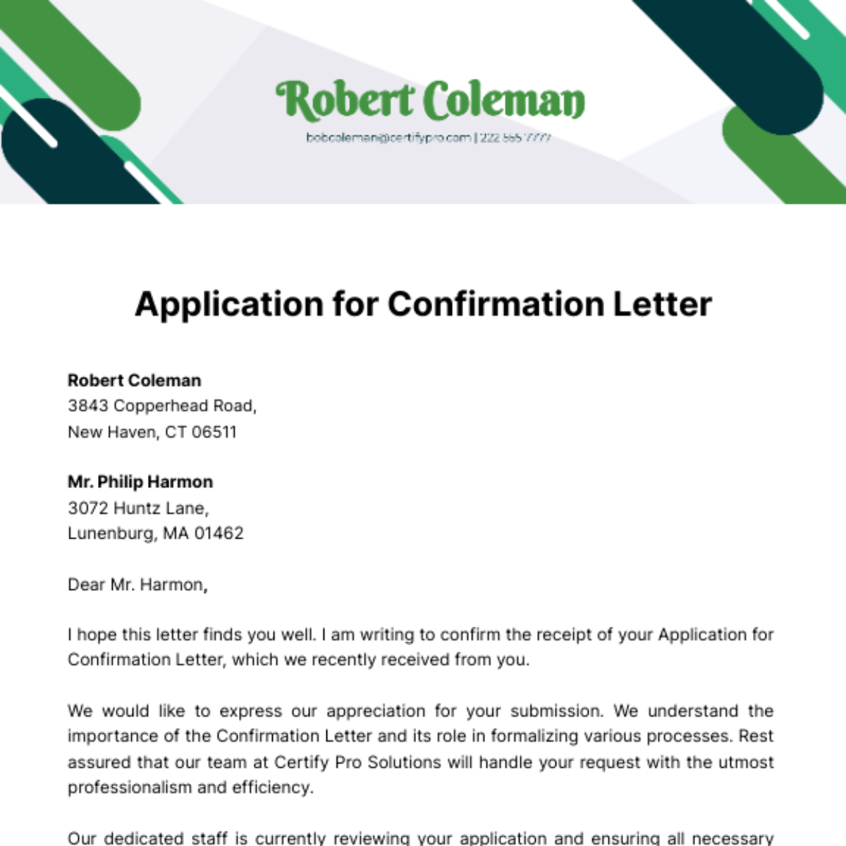 Free Application for Confirmation Letter Template