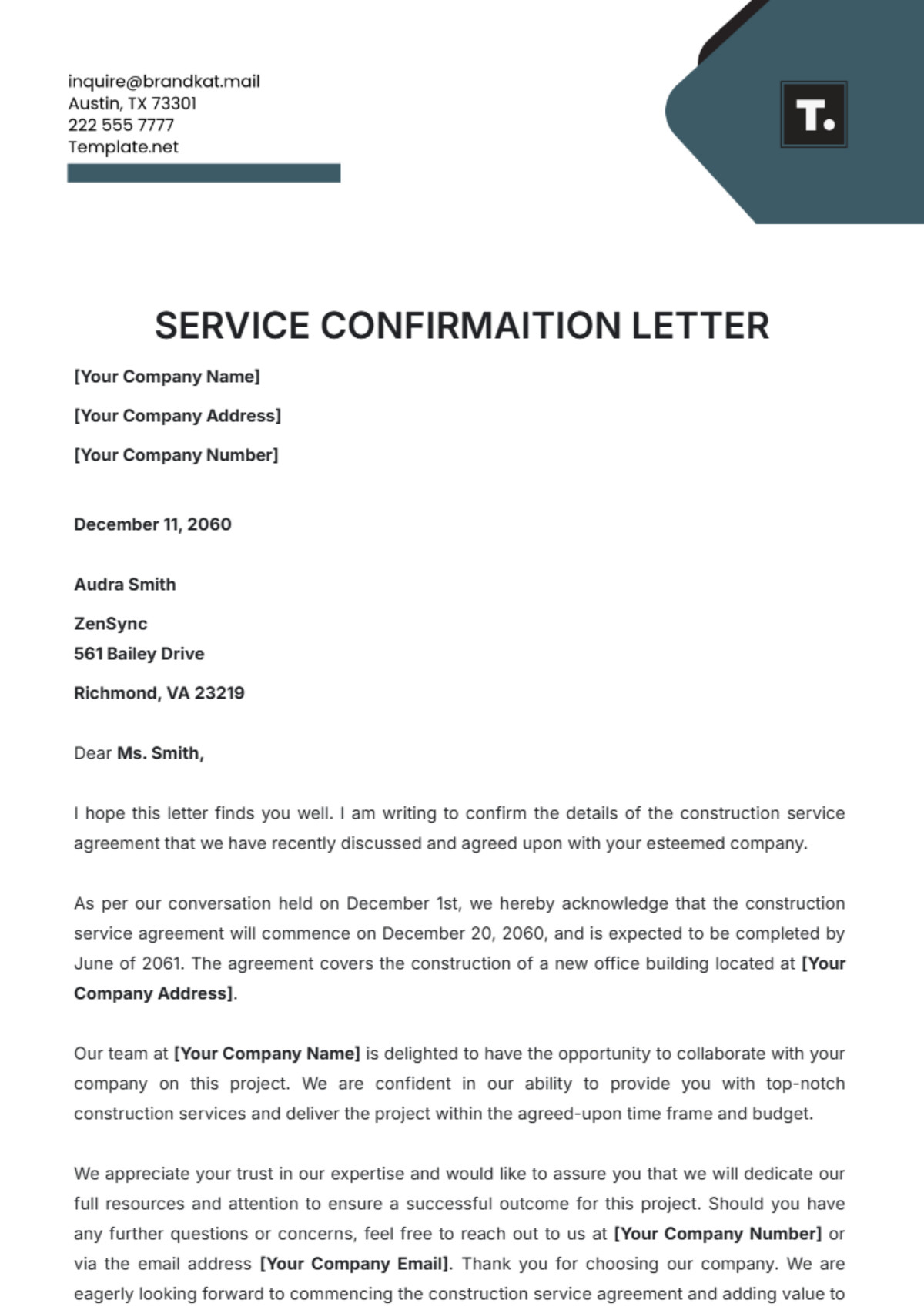 Service Confirmation Letter Template - Edit Online & Download