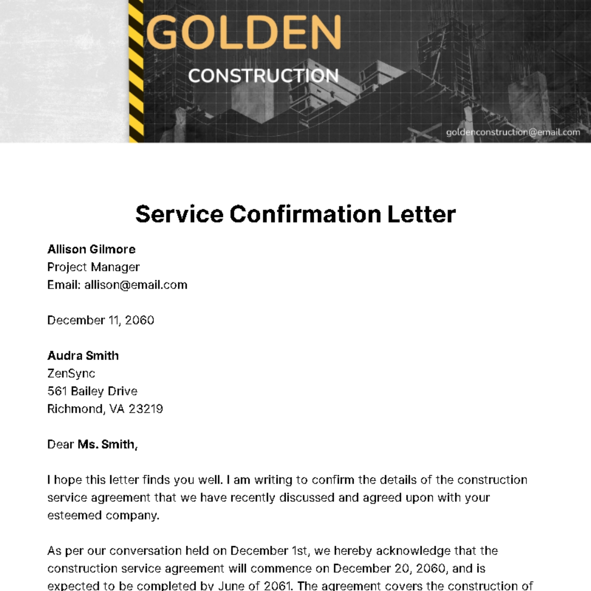 Free Service Confirmation Letter Template