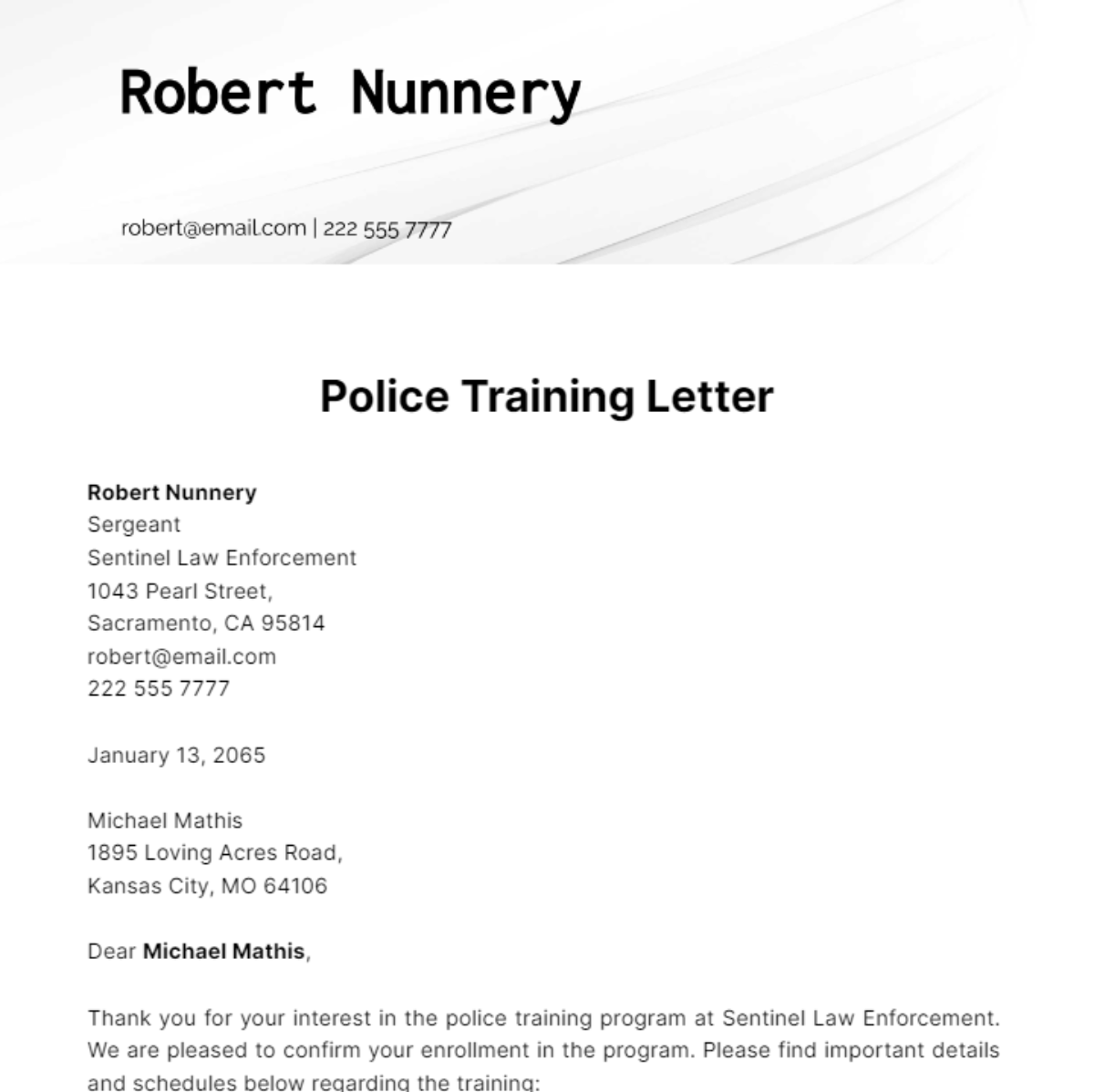 application letter for police training