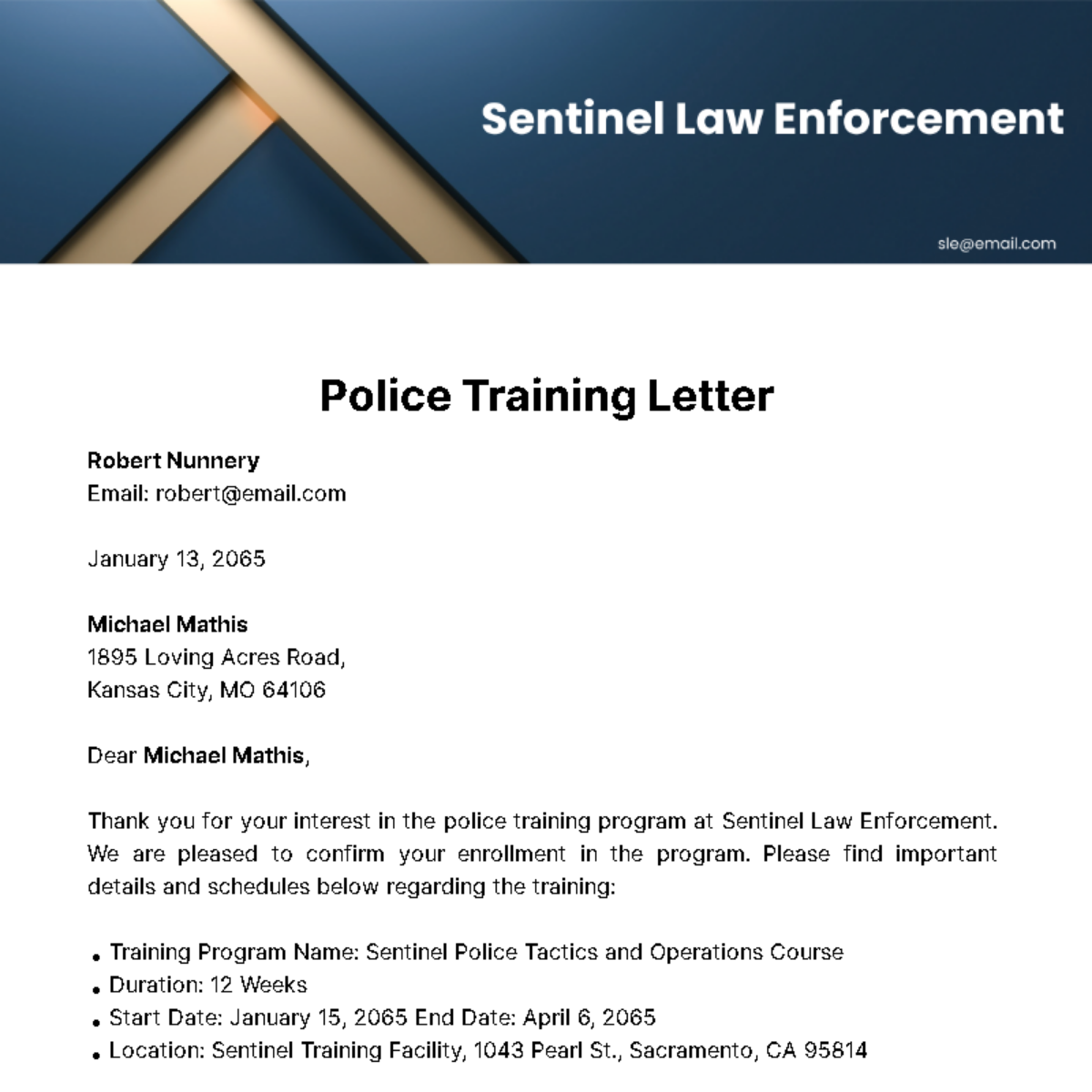 Police Training Letter Template