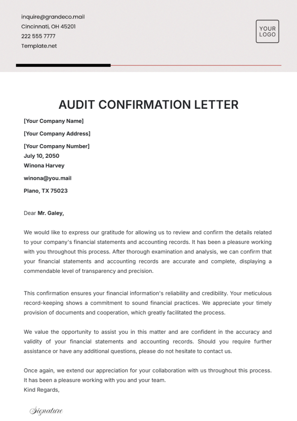 Audit Confirmation Letter Template - Edit Online & Download