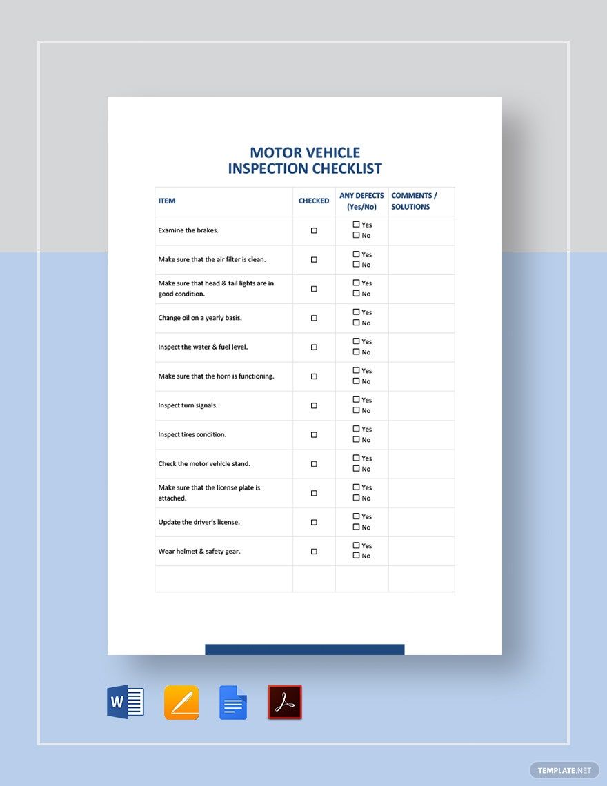 Motor Vehicle Inspection Checklist Template