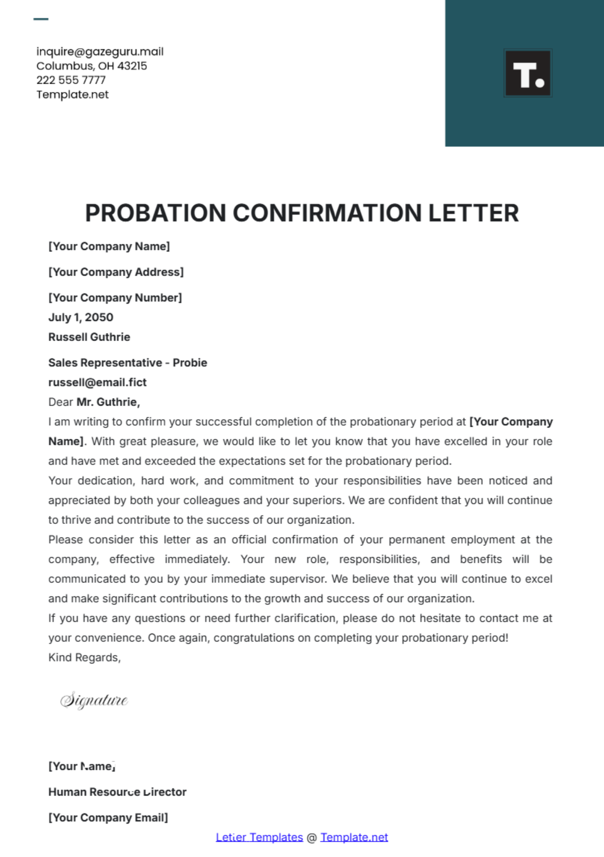 Probation Confirmation Letter Template - Edit Online & Download