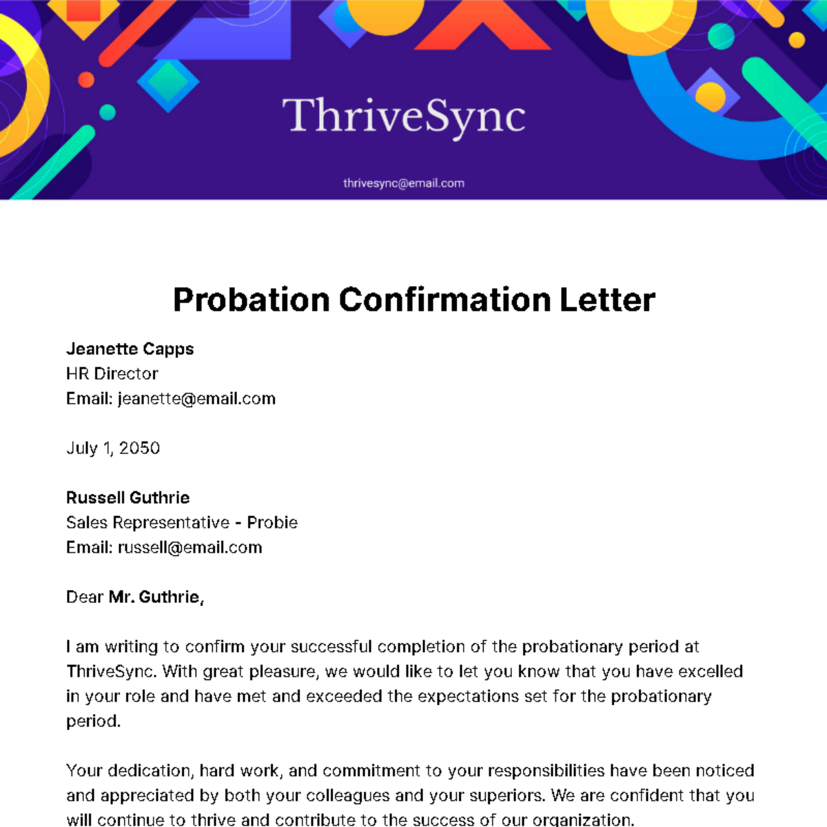 Probation Confirmation Letter Template