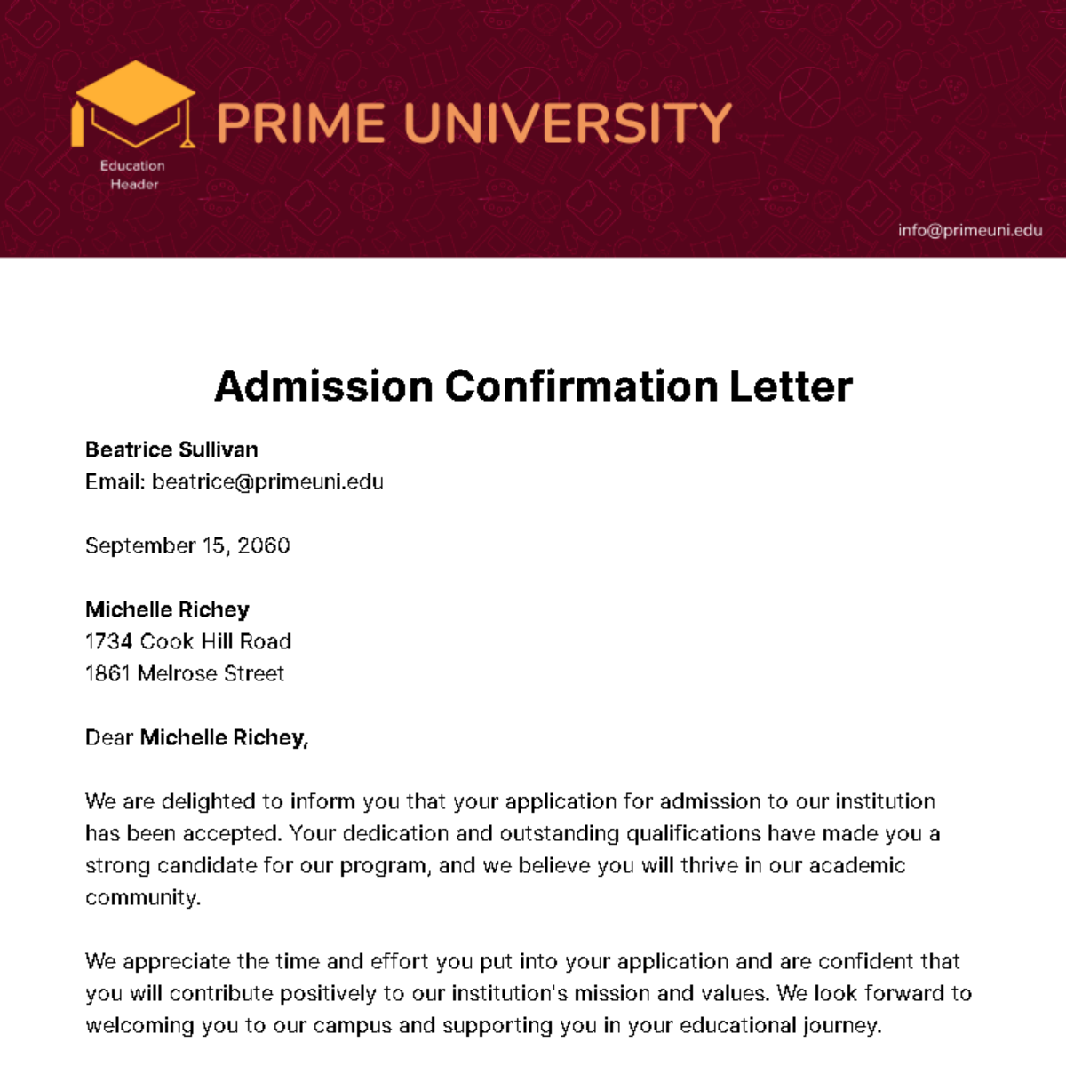 Admission Confirmation Letter Template