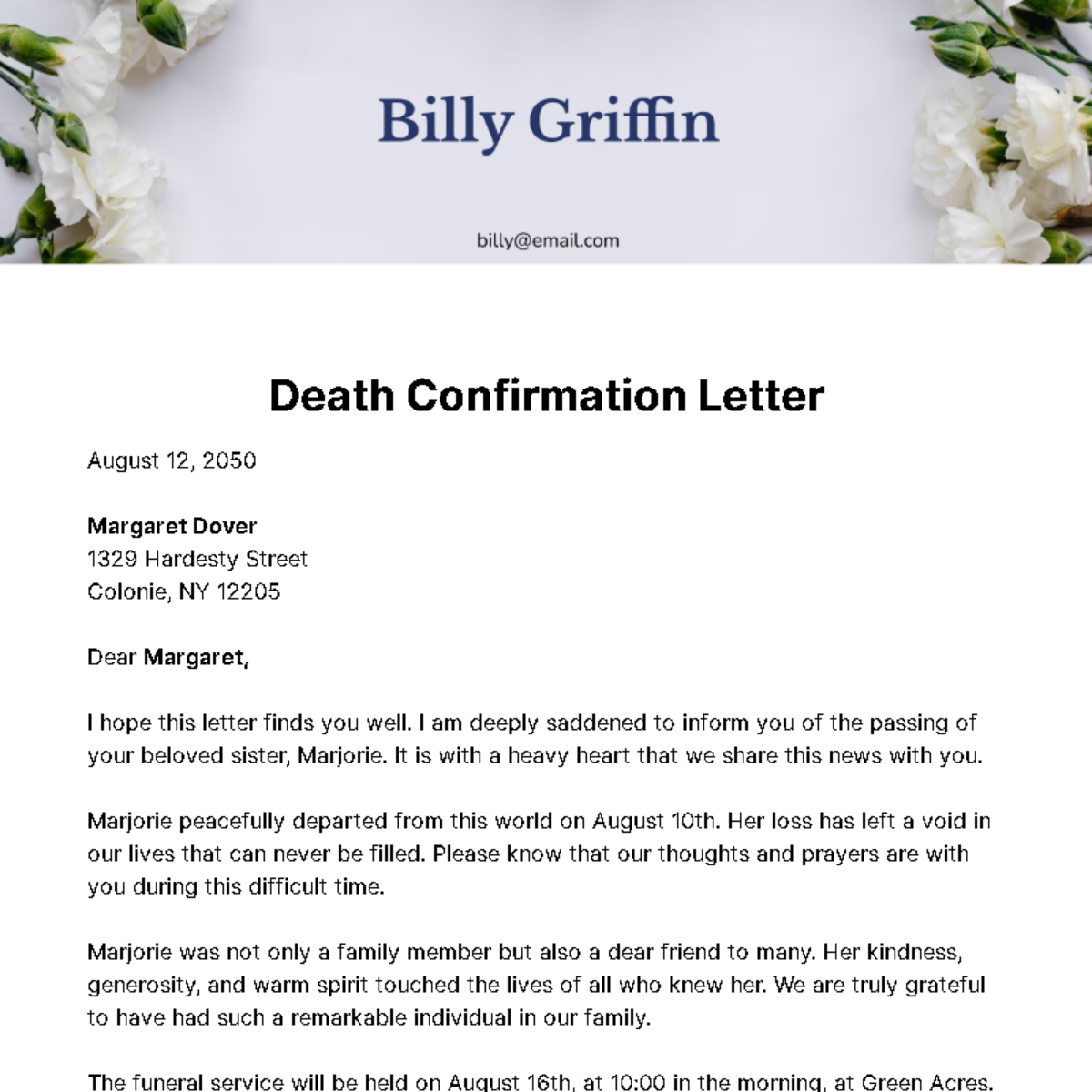 Free Death Confirmation Letter Template