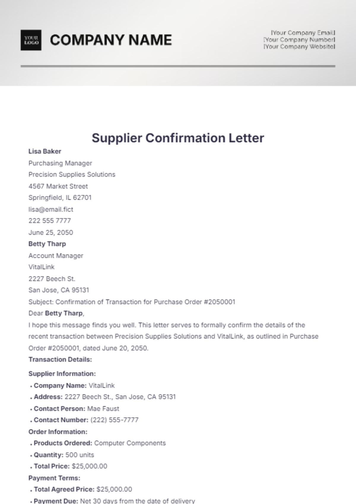 Supplier Confirmation Letter Template - Edit Online & Download