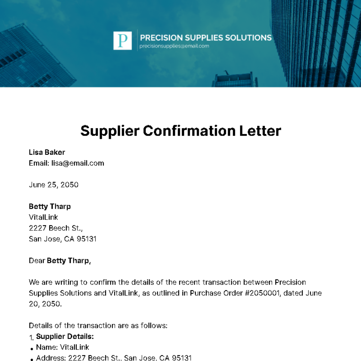 Supplier Confirmation Letter Template