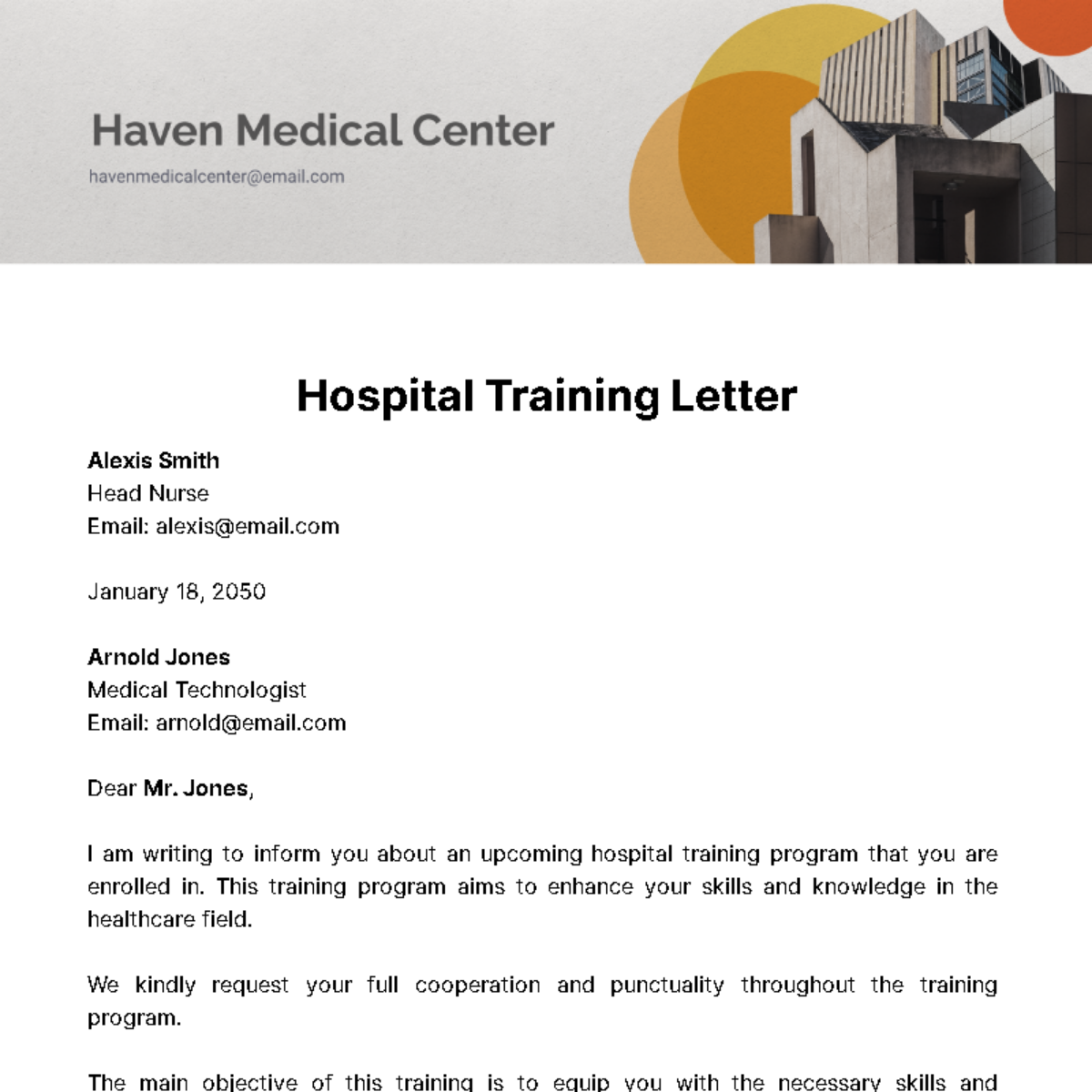 Free Hospital Training Letter Template