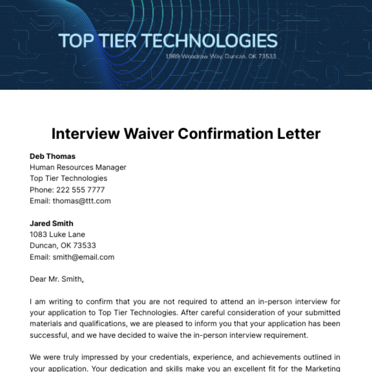 Interview Waiver Confirmation Letter Template
