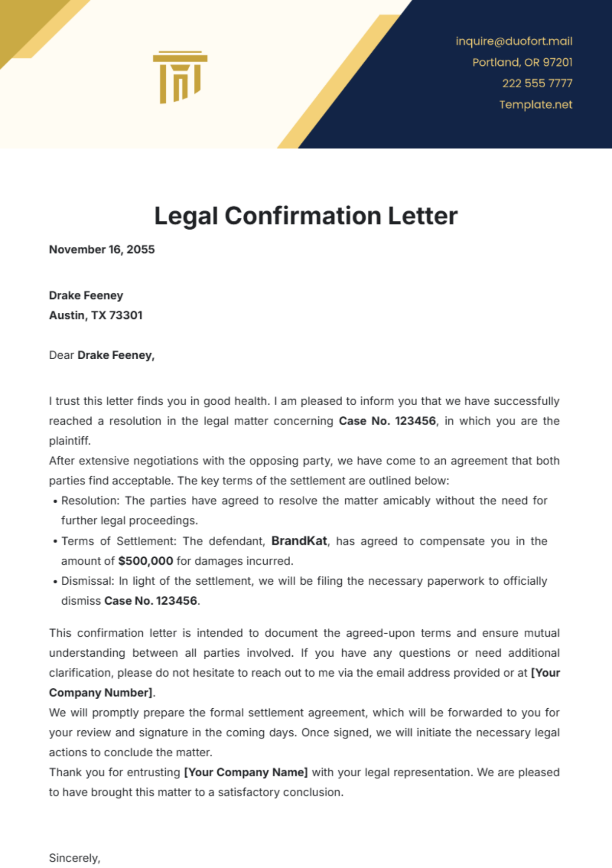 Legal Confirmation Letter Template - Edit Online & Download