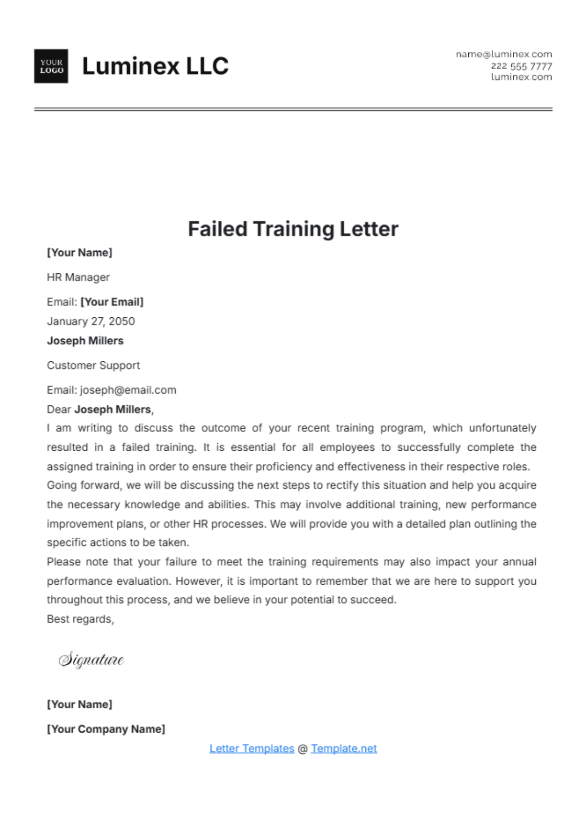 Failed Training Letter Template - Edit Online & Download