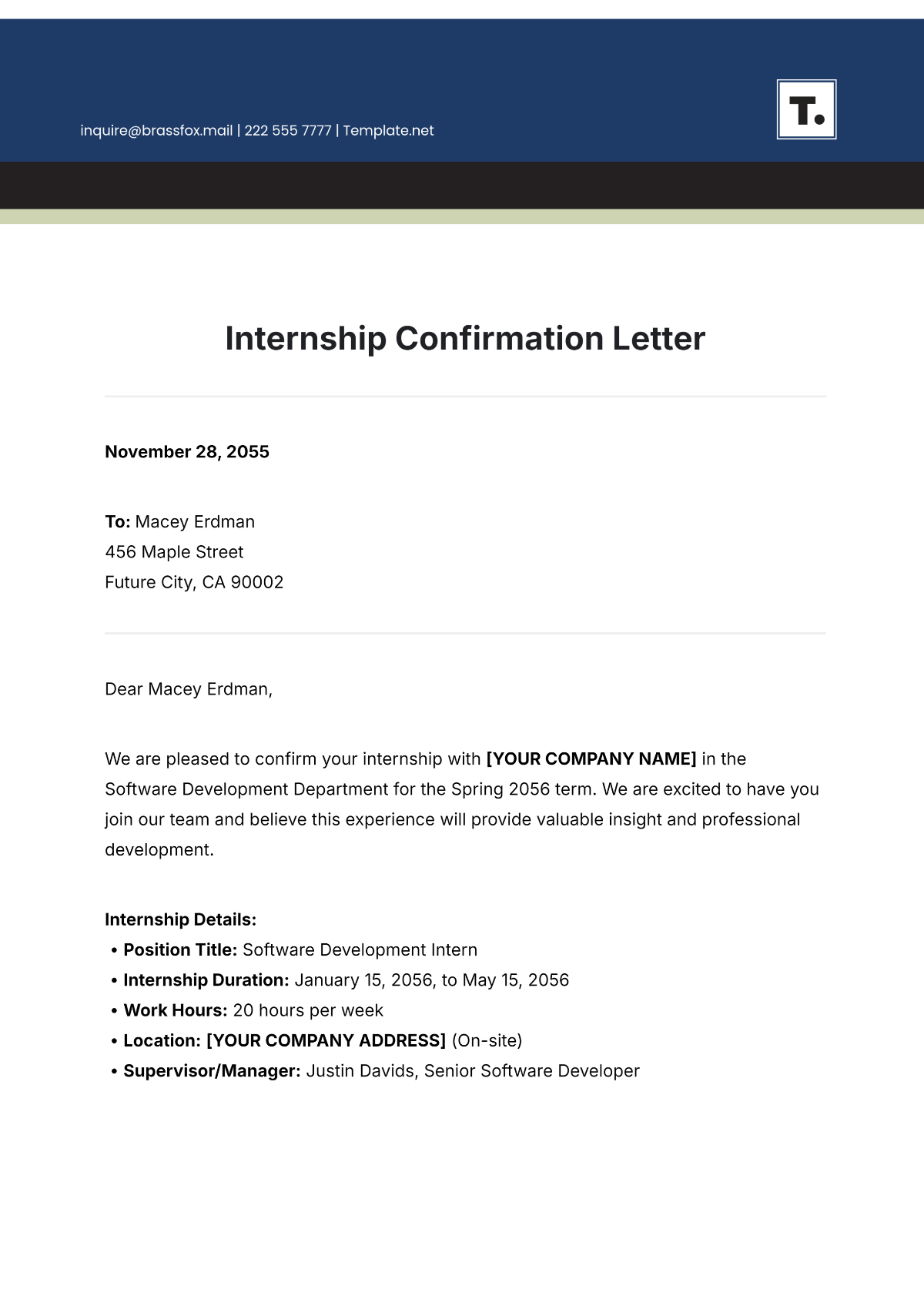 Internship Confirmation Letter Template - Edit Online & Download