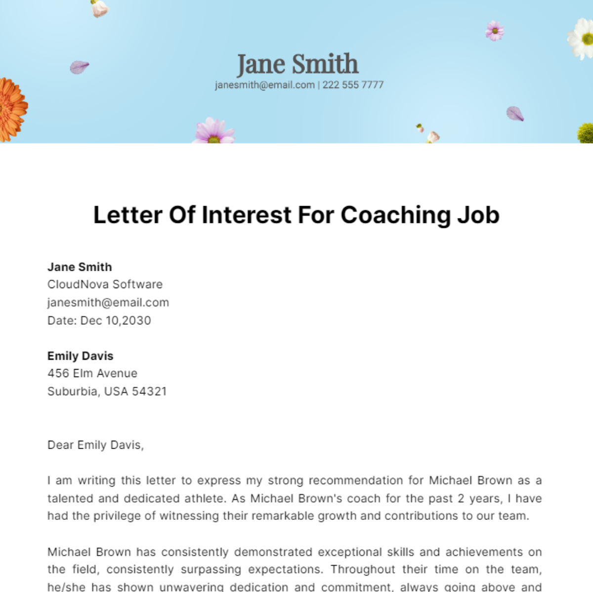 Letter Of Interest For Coaching Job Template