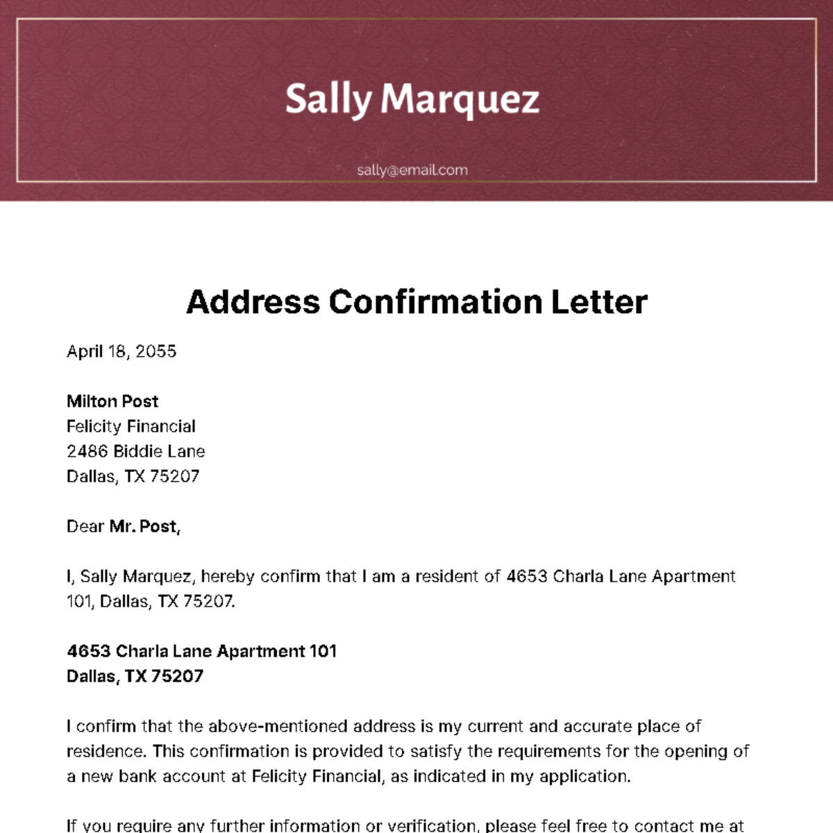 Free Address Confirmation Letter Template
