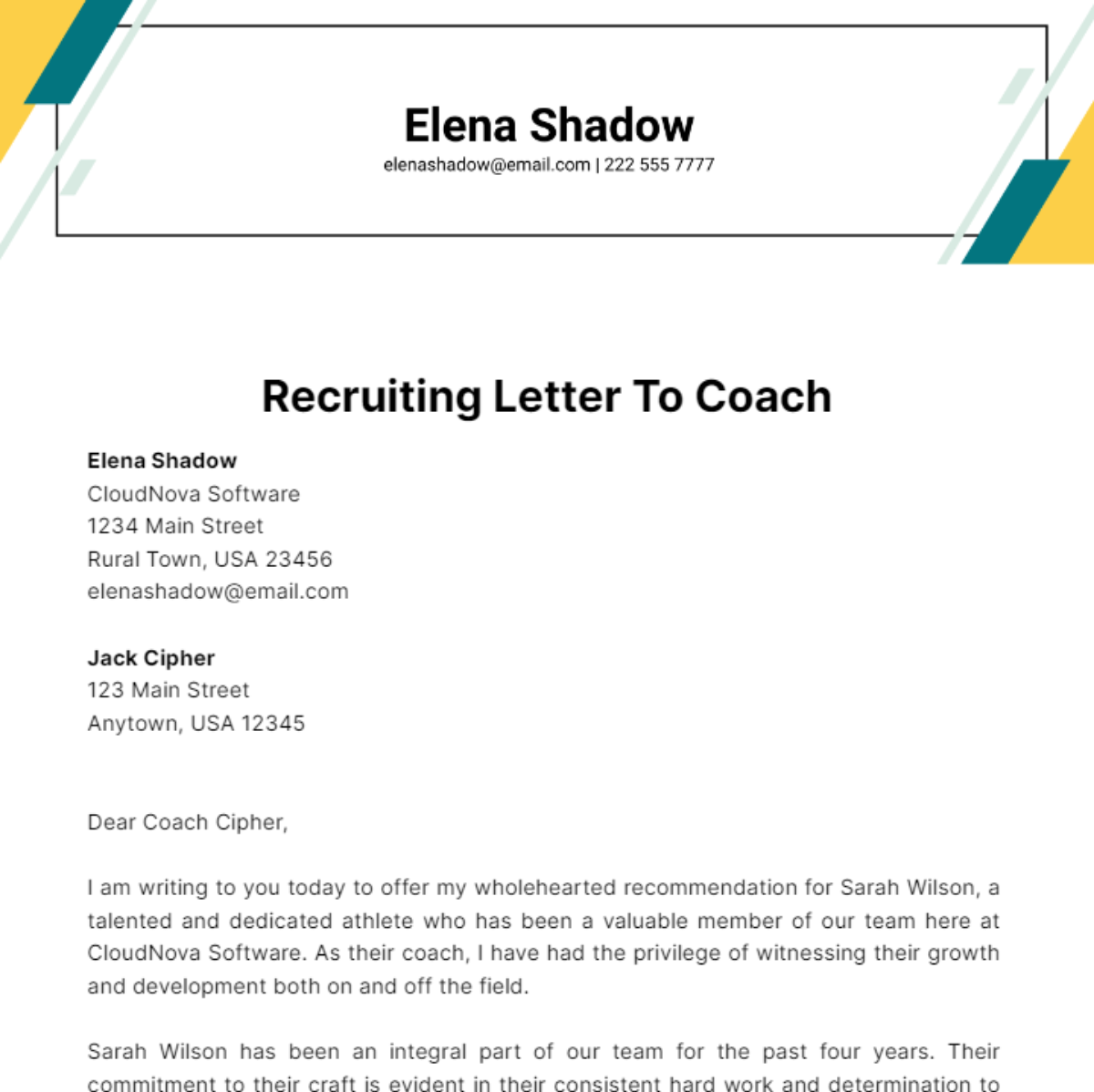 Recruiting Letter To Coach Template